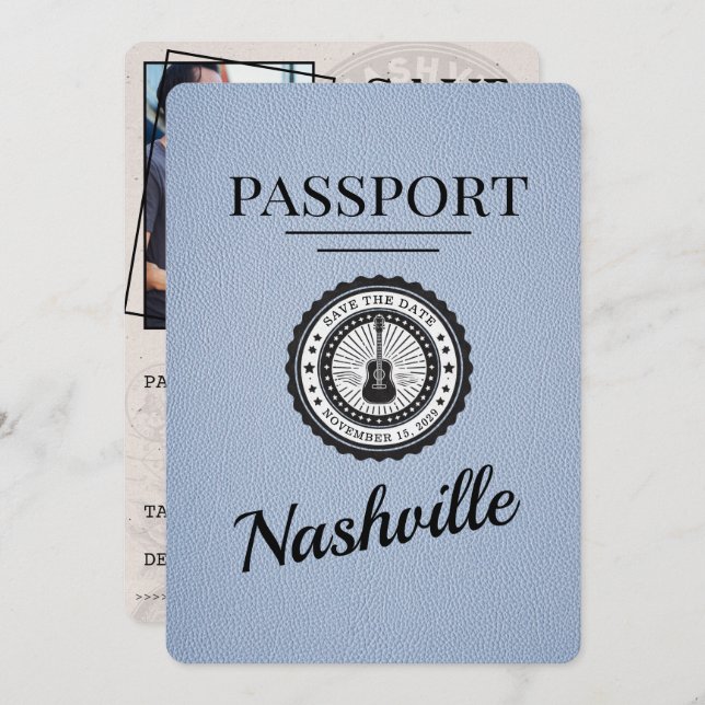 Dusty Blue Nashville Passport Save The Date (Front/Back)