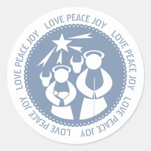 Dusty Blue Nativity Scene Love Peace Joy Christmas Classic Round Sticker