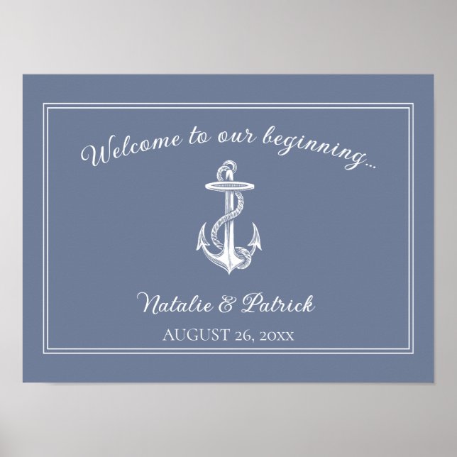 Dusty Blue Nautical Anchor Wedding Poster (Front)