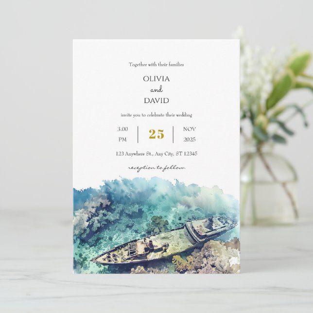 Dusty Blue Nautical Shipwreck Coral Beach Wedding  Invitation (Standing Front)