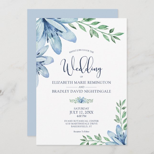 Dusty Blue & Navy Blue Blooms Wedding Invitation (Front/Back)