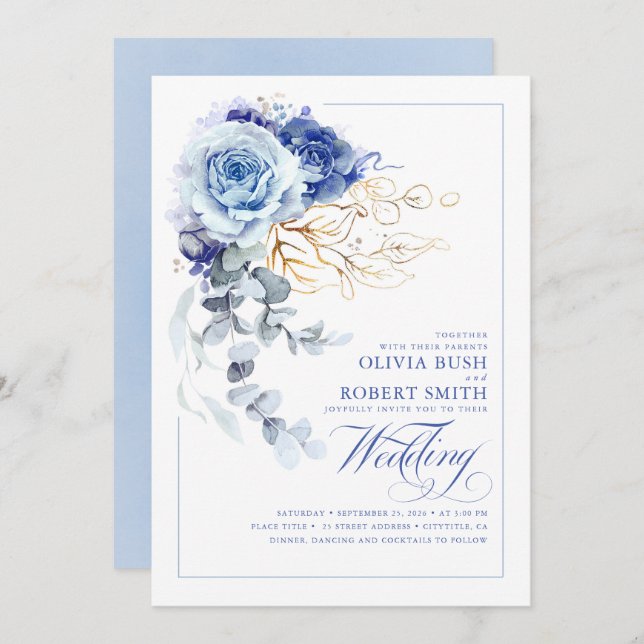 Dusty Blue & Navy Blue Boho Gold Floral Wedding Invitation (Front/Back)