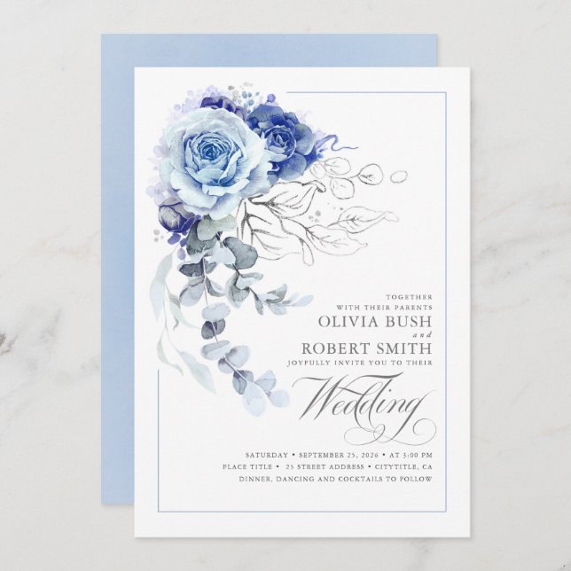 Dusty Blue & Navy Blue Boho Silver Floral Wedding Invitation (Front/Back)
