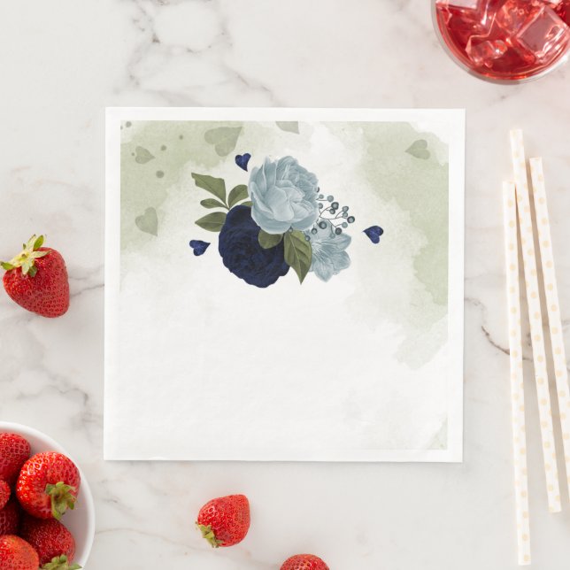 dusty blue & navy blue flowers greenery napkin (Insitu)