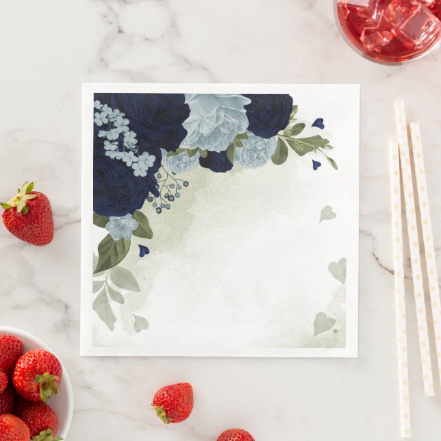 dusty blue & navy blue flowers greenery napkin (Insitu)