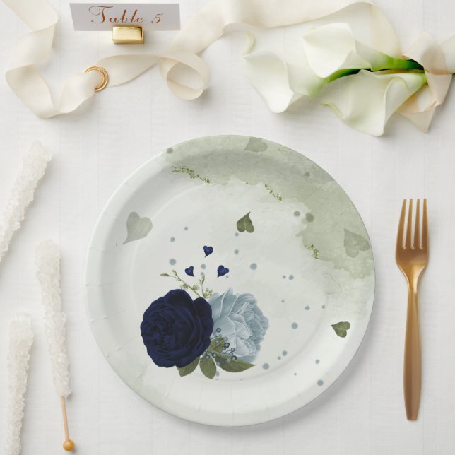 dusty blue & navy blue flowers greenery paper plate (Wedding)