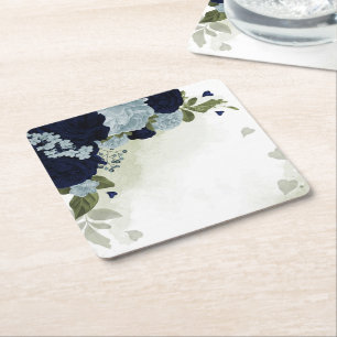 dusty blue & navy blue flowers greenery square paper coaster