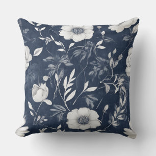 Dusty Blue Navy Blue White Floral Cushion
