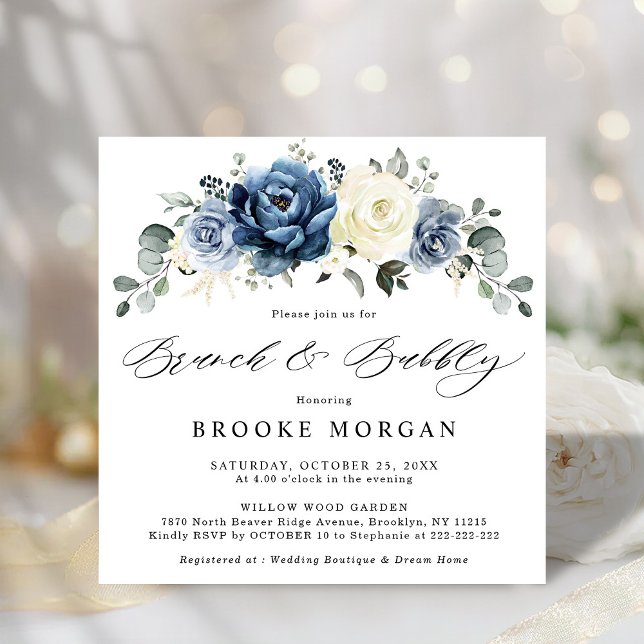 Dusty Blue Navy Champagne Ivory Brunch and Bubbly Invitation (Dusty Blue Navy Champagne Ivory Brunch and Bubbly bridal shower Invitation)