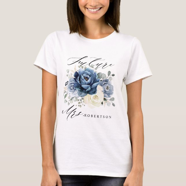 Dusty Blue Navy Champagne Ivory Floral Bride T-Shirt (Front)