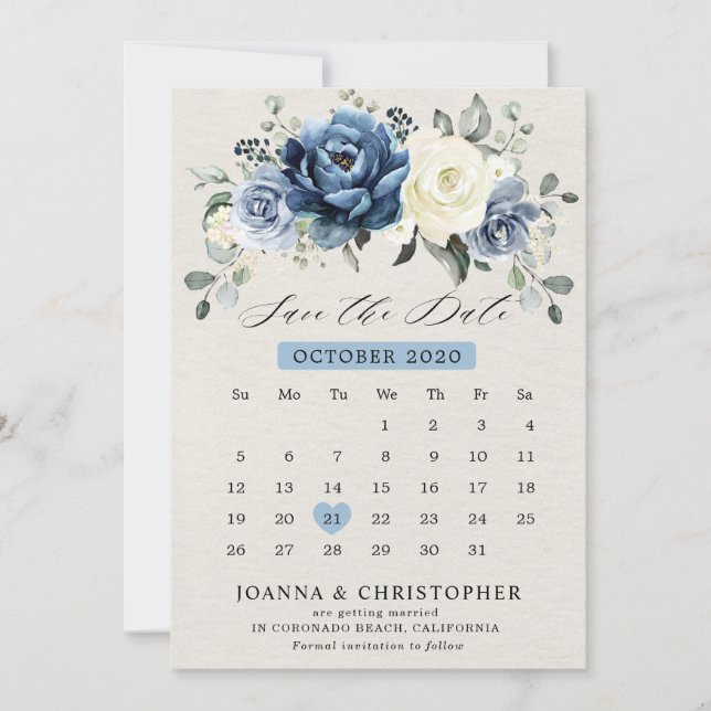 Dusty Blue Navy Champagne Ivory Floral calendar Sa Save The Date (Front)