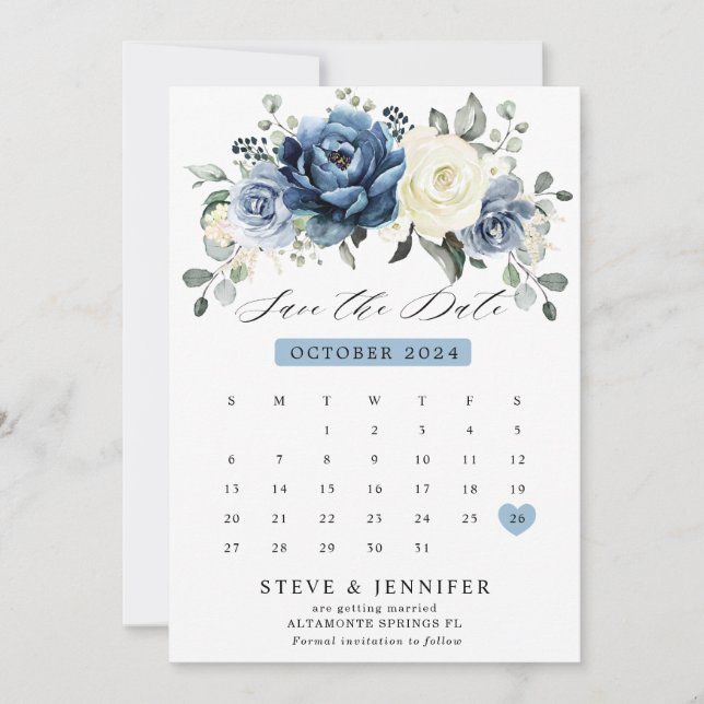 Dusty Blue Navy Champagne Ivory Floral calendar Sa Save The Date (Front)