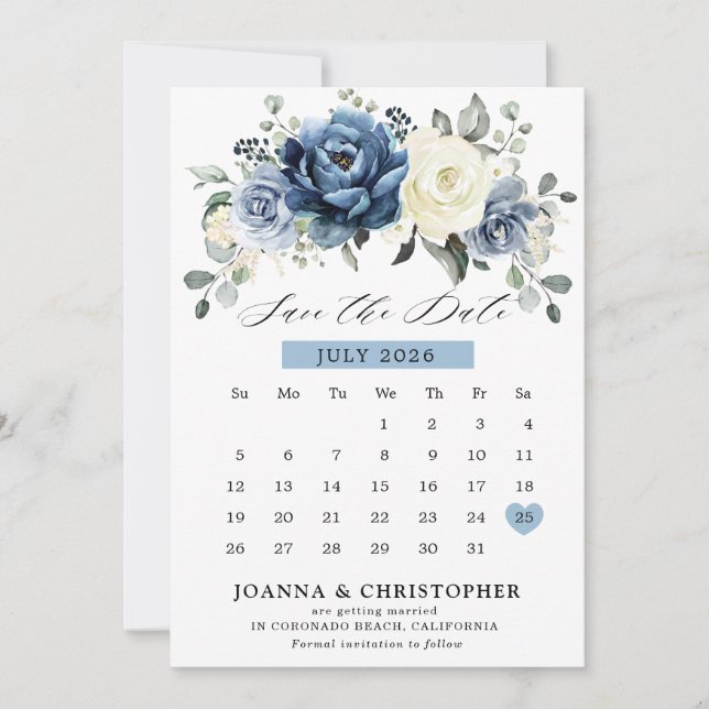 Dusty Blue Navy Champagne Ivory Floral calendar Save The Date (Front)