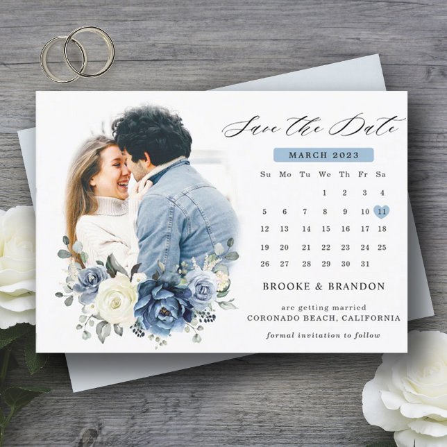Dusty Blue Navy Champagne Ivory Floral calendar Save The Date (dusty blue ivory save the date)