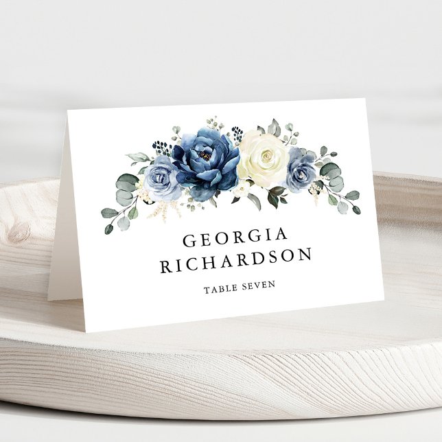 Dusty Blue Navy Champagne Ivory Floral Place Card (Dusty Blue Navy Champagne Ivory Floral Guest Name Place Card)
