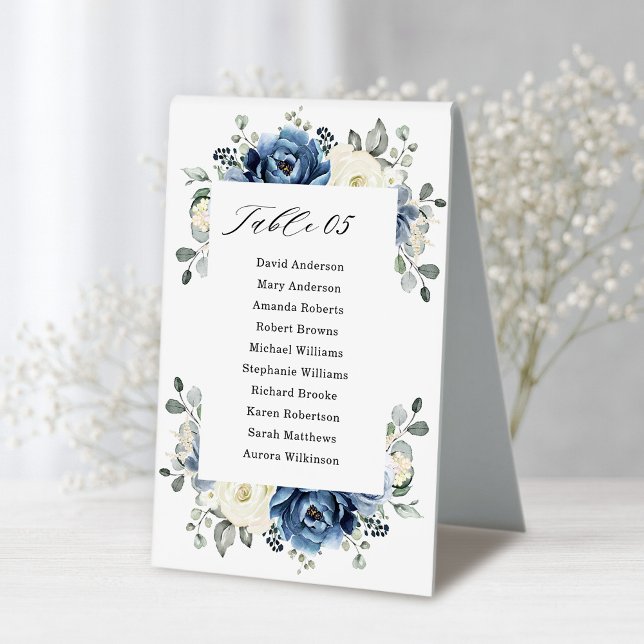 Dusty Blue Navy Champagne Ivory Floral Table Tent  (Dusty Blue Navy Champagne Ivory Floral Seating chart Table Tent )