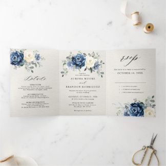 Dusty Blue Navy Champagne Ivory Floral Tri-Fold A Announcement