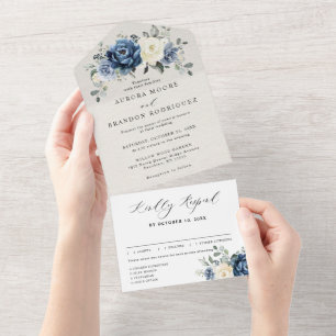 Dusty Blue Navy Champagne Ivory Floral Wedding All In One Invitation