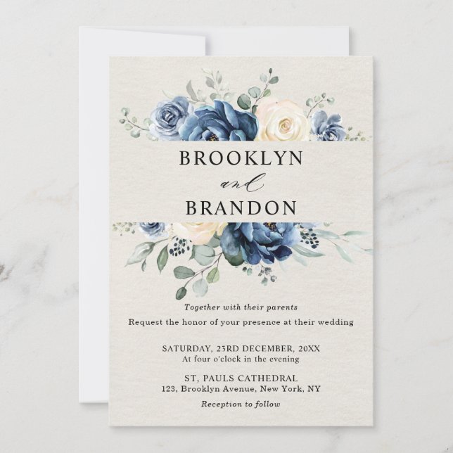 Dusty Blue Navy Champagne Ivory Floral Wedding Inv Invitation (Front)