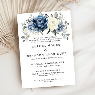 Dusty Blue Navy Champagne Ivory Floral Wedding Inv Invitation