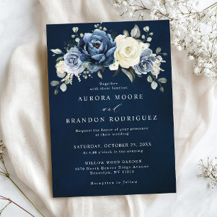 Dusty Blue Navy Champagne Ivory Floral Wedding Inv Invitation