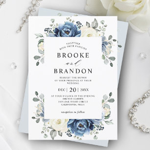 Dusty Blue Navy Champagne Ivory Floral Wedding Inv Invitation