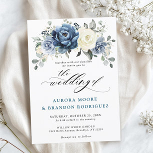 Dusty Blue Navy Champagne Ivory Floral Wedding Inv Invitation