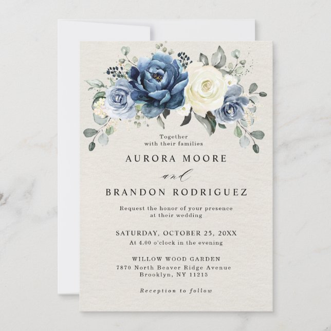 Dusty Blue Navy Champagne Ivory Floral Wedding Inv Invitation (Front)