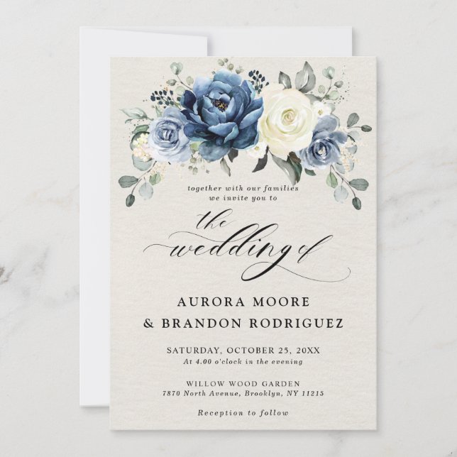 Dusty Blue Navy Champagne Ivory Floral Wedding Inv Invitation (Front)