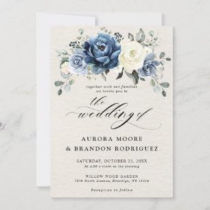 Dusty Blue Navy Champagne Ivory Floral Wedding Inv Invitation