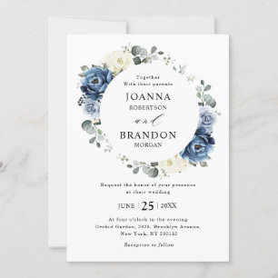 Dusty Blue Navy Champagne Ivory Floral Wedding Invitation