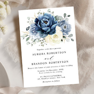 Dusty Blue Navy Champagne Ivory Floral Wedding Invitation