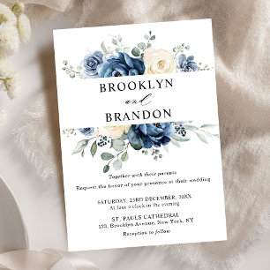 Dusty Blue Navy Champagne Ivory Floral Wedding Invitation