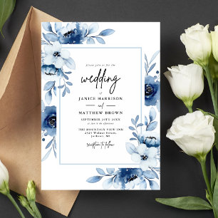 Dusty Blue Navy Champagne Ivory Floral Wedding Invitation
