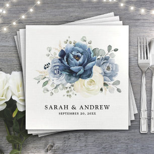 Dusty Blue Navy Champagne Ivory Floral Wedding Napkin