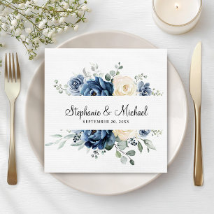 Dusty Blue Navy Champagne Ivory Floral Wedding Napkin