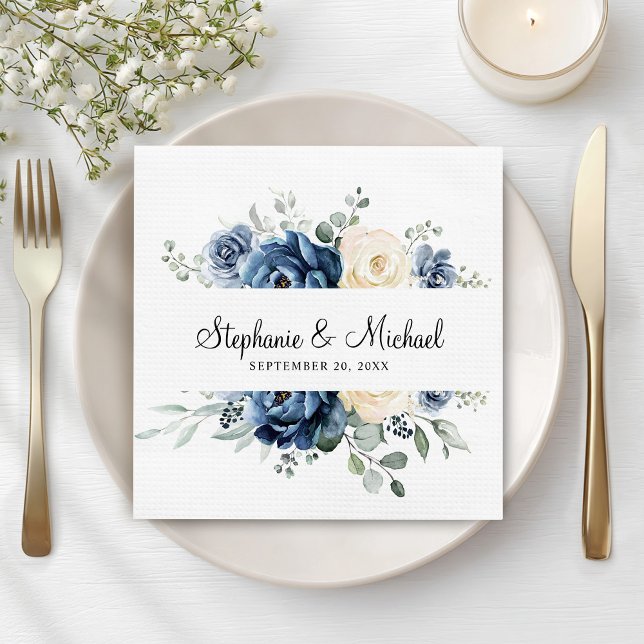 Dusty Blue Navy Champagne Ivory Floral Wedding Napkin (Dusty Blue Navy Champagne Ivory Floral Wedding Napkins)