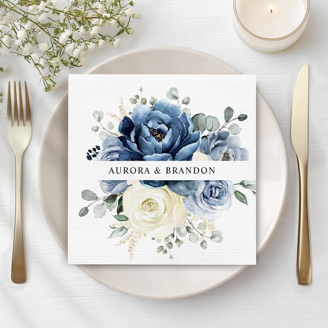 Dusty Blue Navy Champagne Ivory Floral Wedding Napkin (Dusty Blue Navy Champagne Ivory Floral Wedding Napkins)