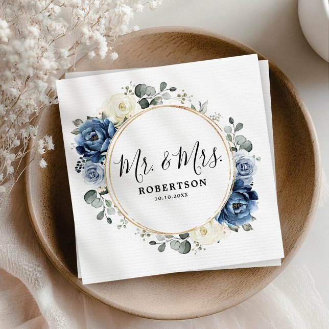 Dusty Blue Navy Champagne Ivory Floral Wedding Napkin (Dusty Blue Navy Champagne Ivory Floral Wedding Napkins)