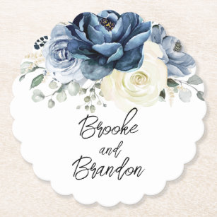 Dusty Blue Navy Champagne Ivory Floral Wedding Pap Paper Coaster