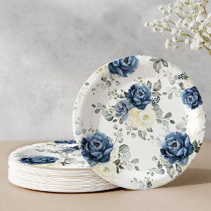 Dusty Blue Navy Champagne Ivory Floral Wedding Pap Paper Plate