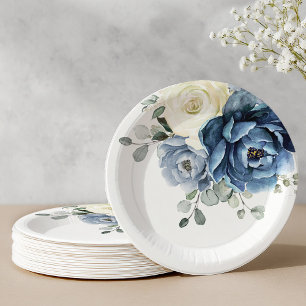 Dusty Blue Navy Champagne Ivory Floral Wedding Pap Paper Plate