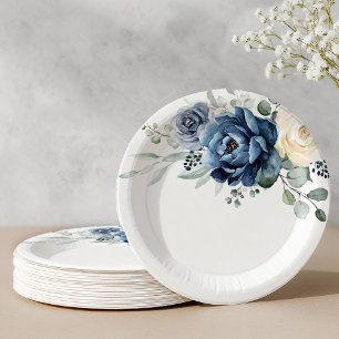 Dusty Blue Navy Champagne Ivory Floral Wedding Paper Plate