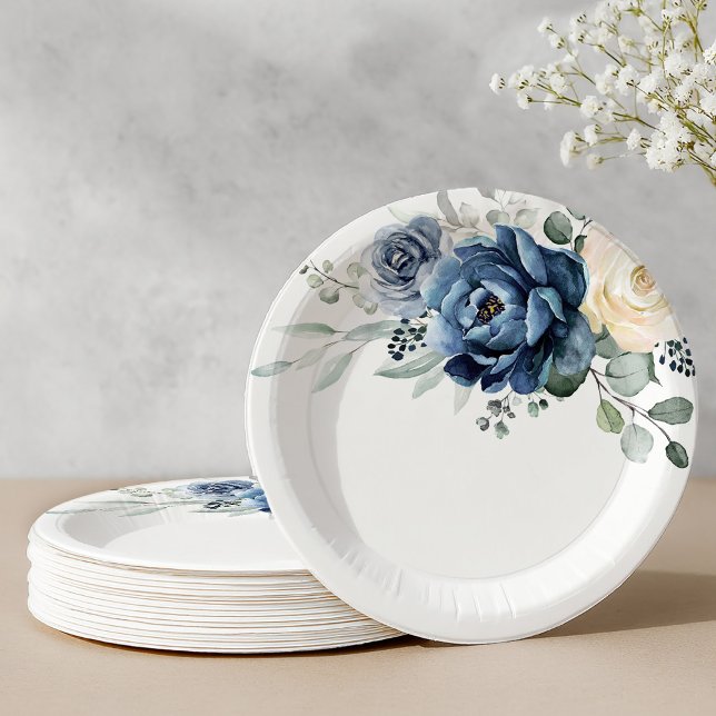 Dusty Blue Navy Champagne Ivory Floral Wedding Paper Plate (Dusty Blue Navy Champagne Ivory Floral Wedding Paper Plates)