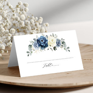 Dusty Blue Navy Champagne Ivory Floral Wedding Place Card