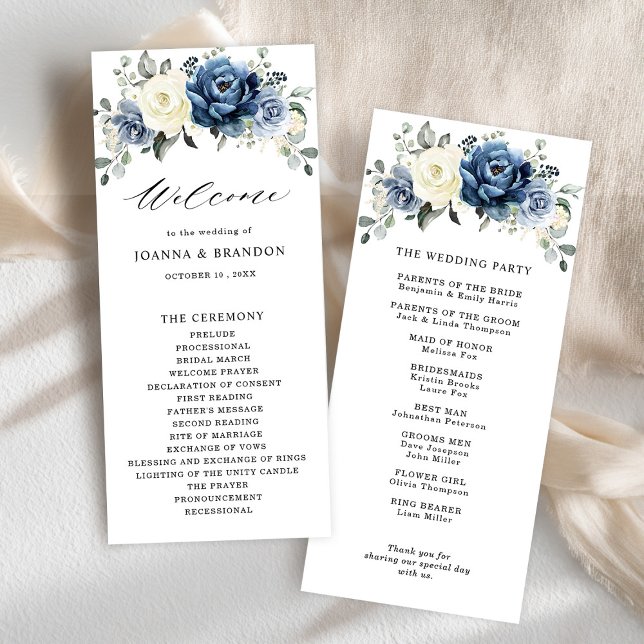 Dusty Blue Navy Champagne Ivory Floral Wedding Program (Dusty Blue Navy Champagne Ivory Floral Wedding Program card)