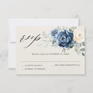 Dusty Blue Navy Champagne Ivory Floral Wedding RSV RSVP Card