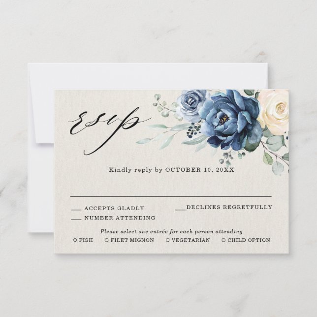 Dusty Blue Navy Champagne Ivory Floral Wedding RSV RSVP Card (Front)