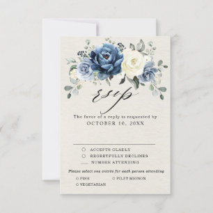 Dusty Blue Navy Champagne Ivory Floral Wedding RSV RSVP Card