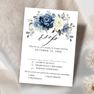 Dusty Blue Navy Champagne Ivory Floral Wedding RSV RSVP Card